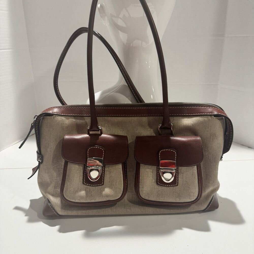 Dooney & Bourke Women's Handbag Carry All Double Pocket Brown Beige Satchel Bag